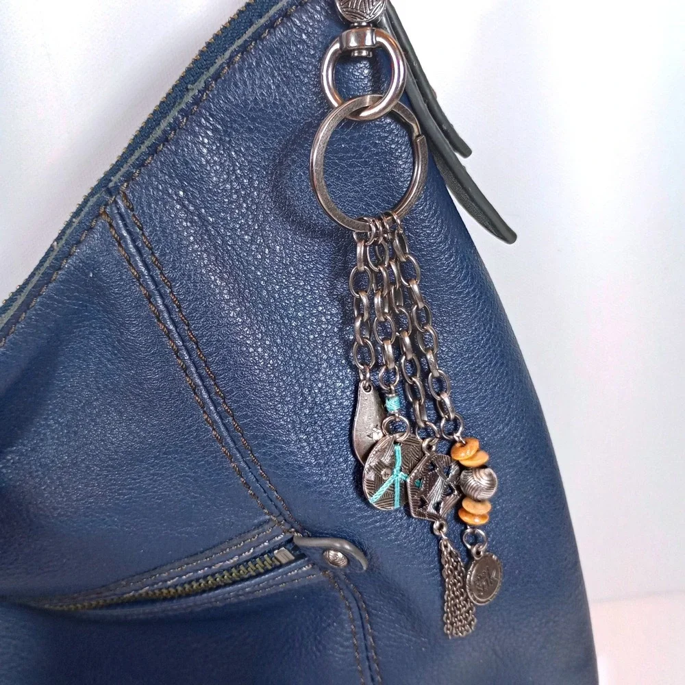 The Sak Hobo Bag Medium Navy Blue Good Pebbled Leather Boho Shoulder Purse Charm